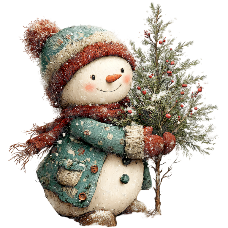 Whimsical snowman in teal coat and red scarf hugging a snow-dusted pine tree, Grey Barn Handwerk, Saskatchewan.